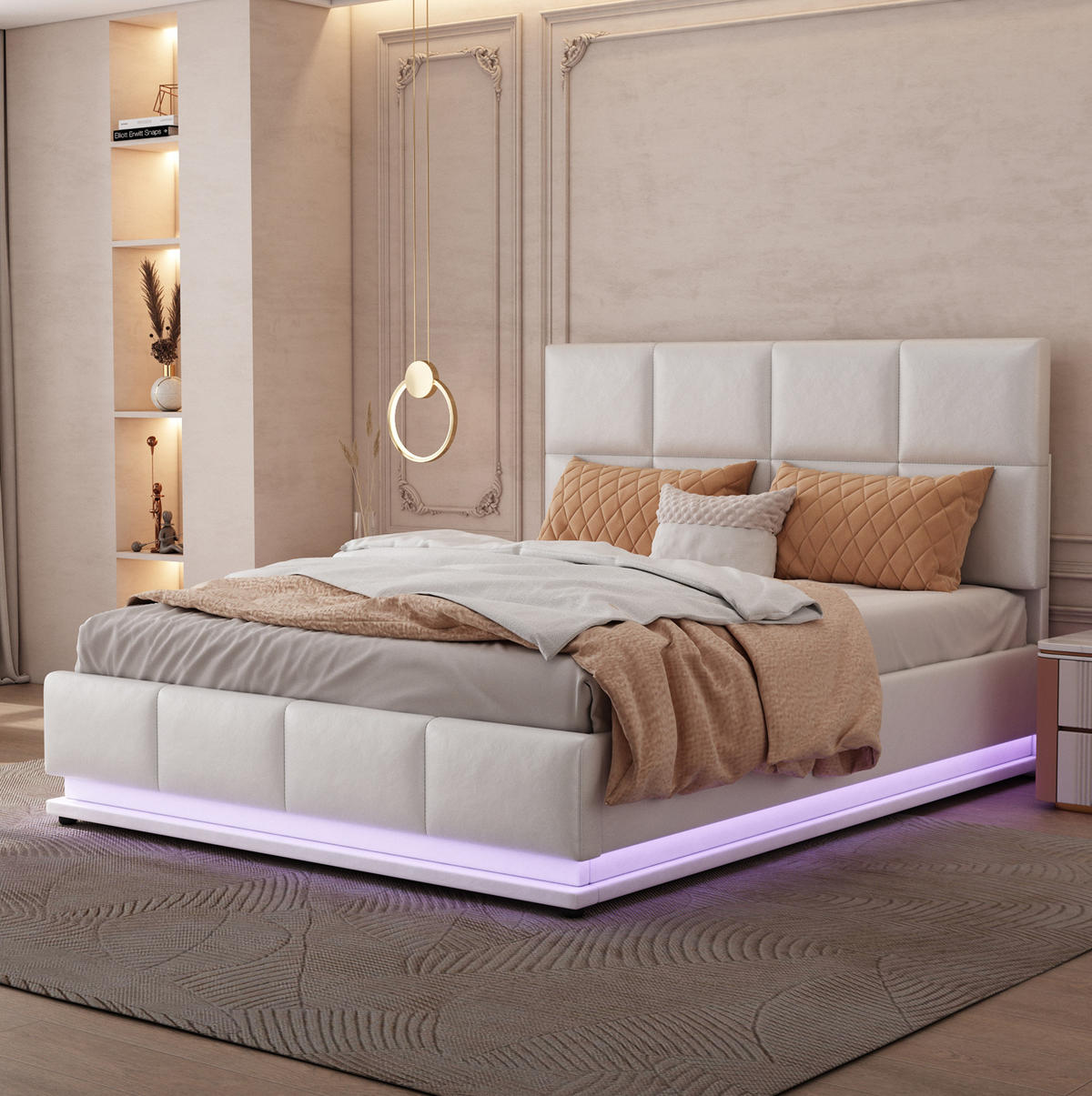 ČALÚNENÁ posteľ z umelej kože 140x200 cm biela s LED osvetlením, hydraulickým úložným priestorom a roštom - biela, textil (140/200cm) - Modfu