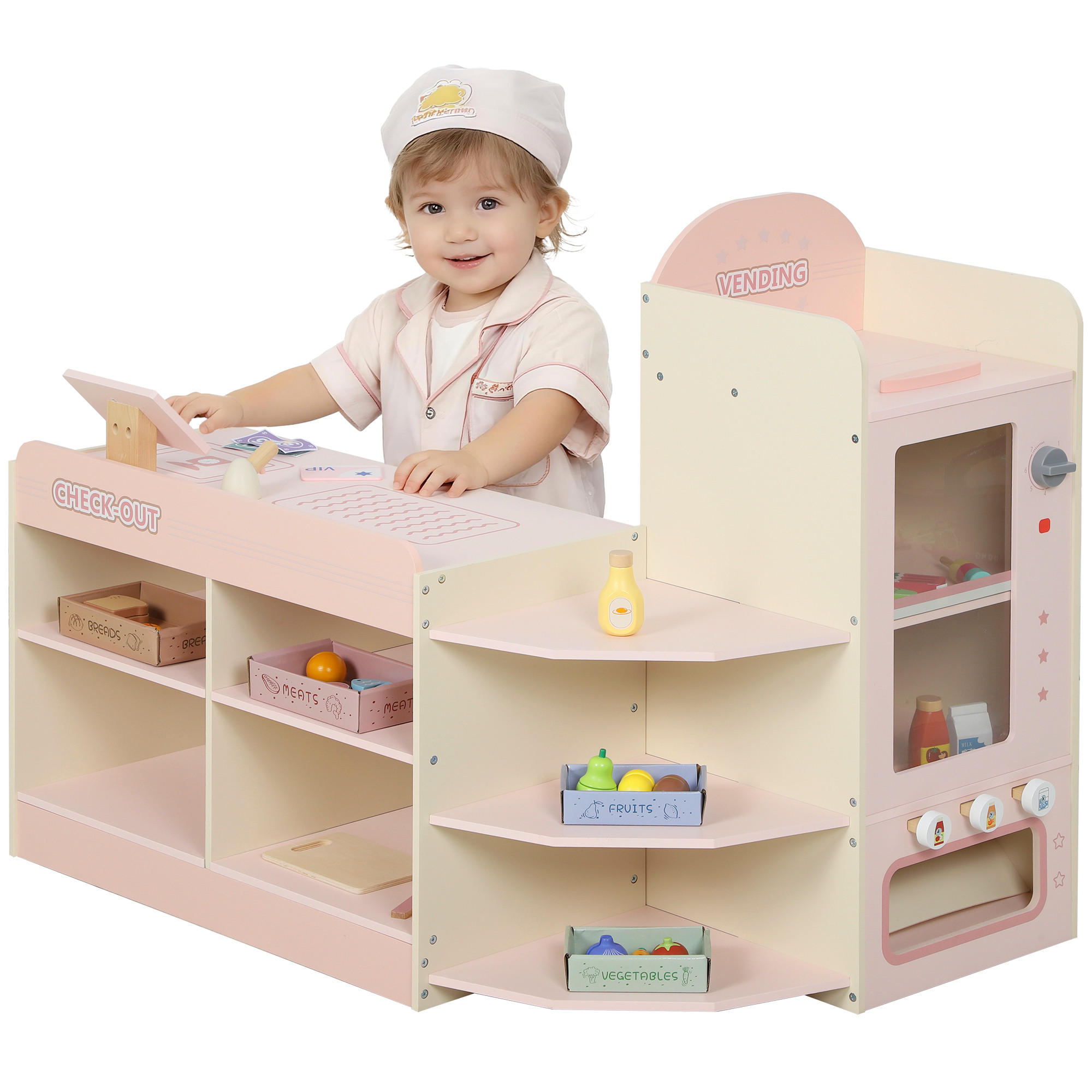 SPIELSUPERMARKT DE-18739 mit Kasse, Waage & Kühlschrank Grün - Pink, Holzwerkstoff (60/73.8/90.7cm) - ComfortXL