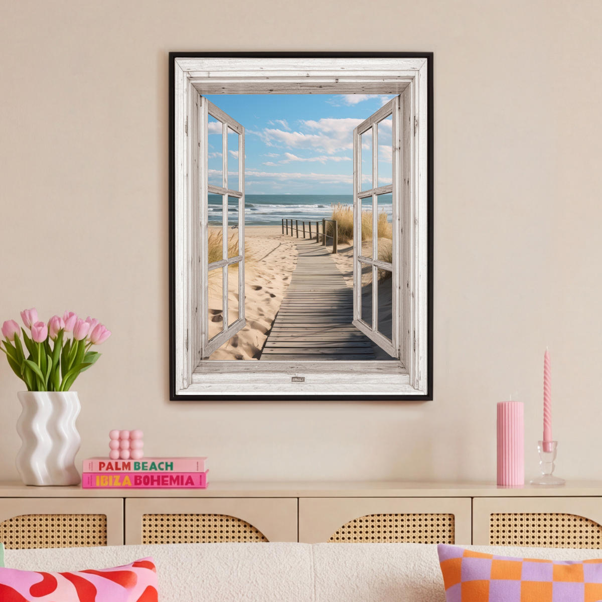 LEINWAND Bilder mit Rahmen - Fenster - Meer - Küste - Natur - Ausblick - Strand - Wattenmeer - 70x100 - Beige, Textil (70/100cm) - MuchoWow