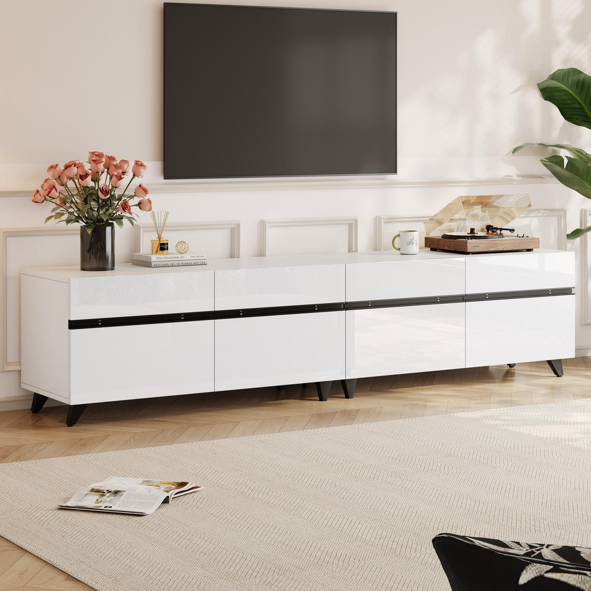TV-SCHRANK Hochglanz 4 Türen 8 Beine 80 Zoll 180cm Weiß Modern - Weiß, Holzwerkstoff (180/49/40cm) - FLIEKS