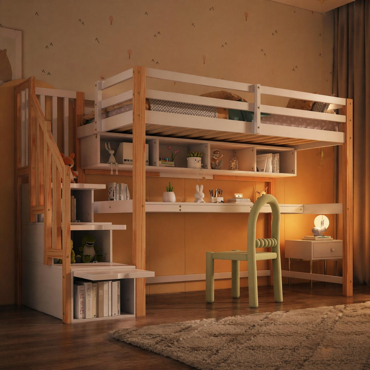 HOCHBETT 90/200 cm in Weiß & Natur mit Treppe, Schreibtisch und Regal - Eichefarben/Weiß, Holz/Holzwerkstoff (90/200cm) - CHICFURN