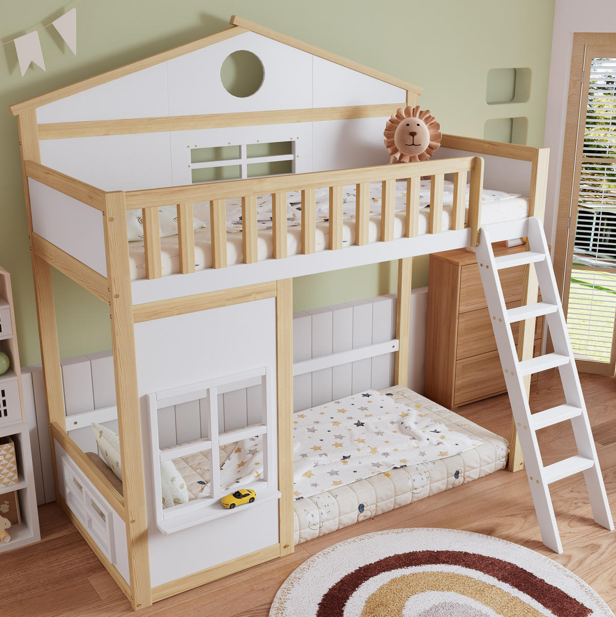 POSCHODOVÁ posteľ 90/200 cm biela/prírodná so schodíkmi, strieškou a okienkami z masívu a MDF - biela, drevo (90/200cm) - OKWISH