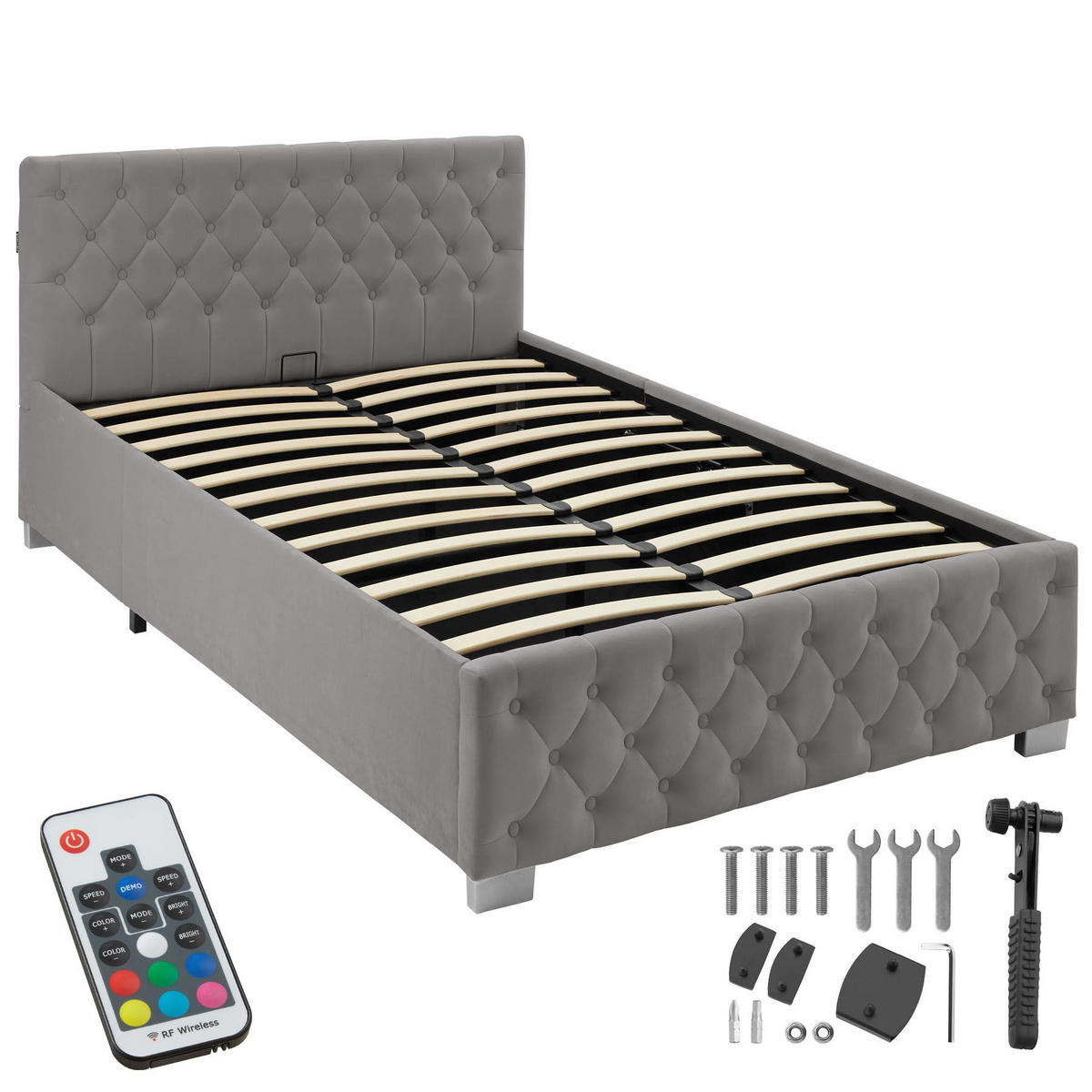 POLSTERBETT Sedona, großer Stauraum, dunkelgrau - Dunkelgrau, Holz (120/200cm) - tectake