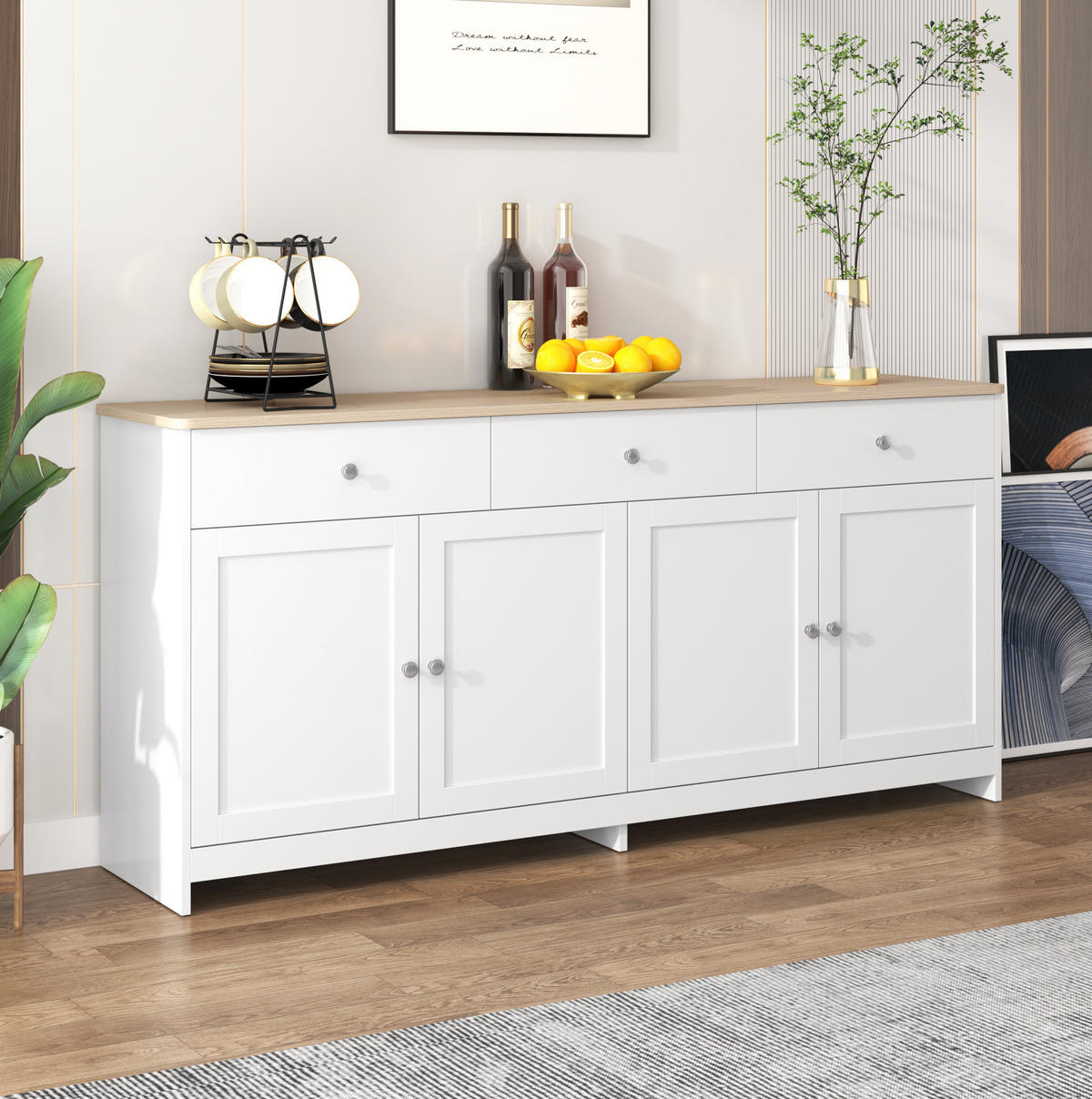 SIDEBOARD 160/37/75 cm mit 4 Türen & 3 Schubladen in Weiß und Holzfarbe - Weiß, Holzwerkstoff (160/75/37cm) - BEAOK
