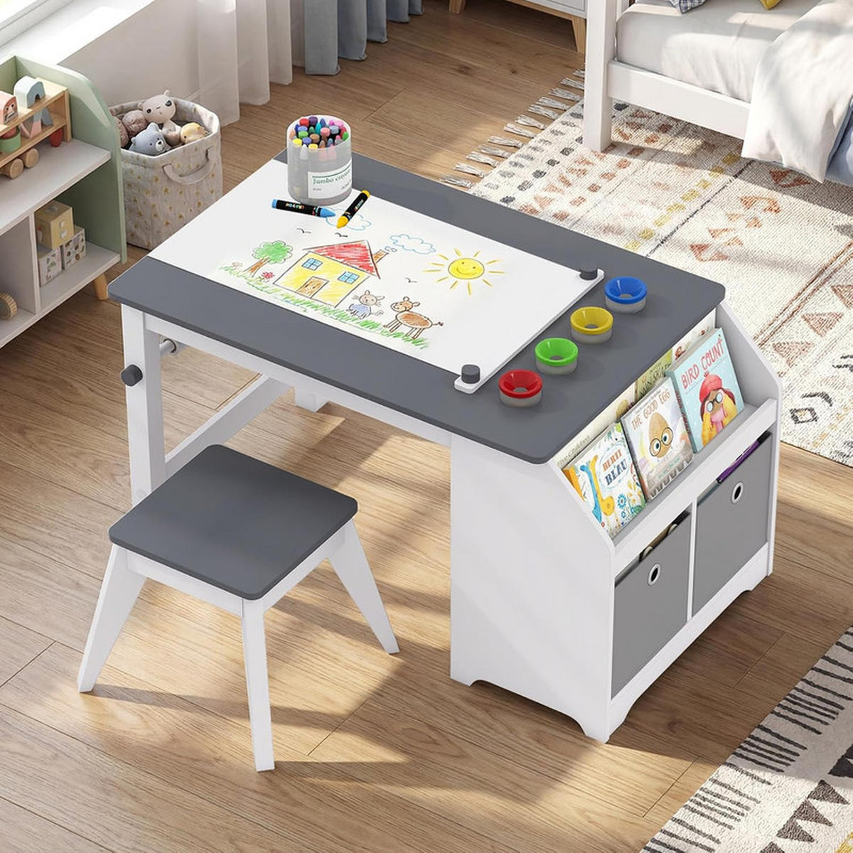 KINDERTISCH-SET mit Stauraum grau(2-tlg) - Grau, Holzwerkstoff (91/49.5/54cm) - COSTWAY