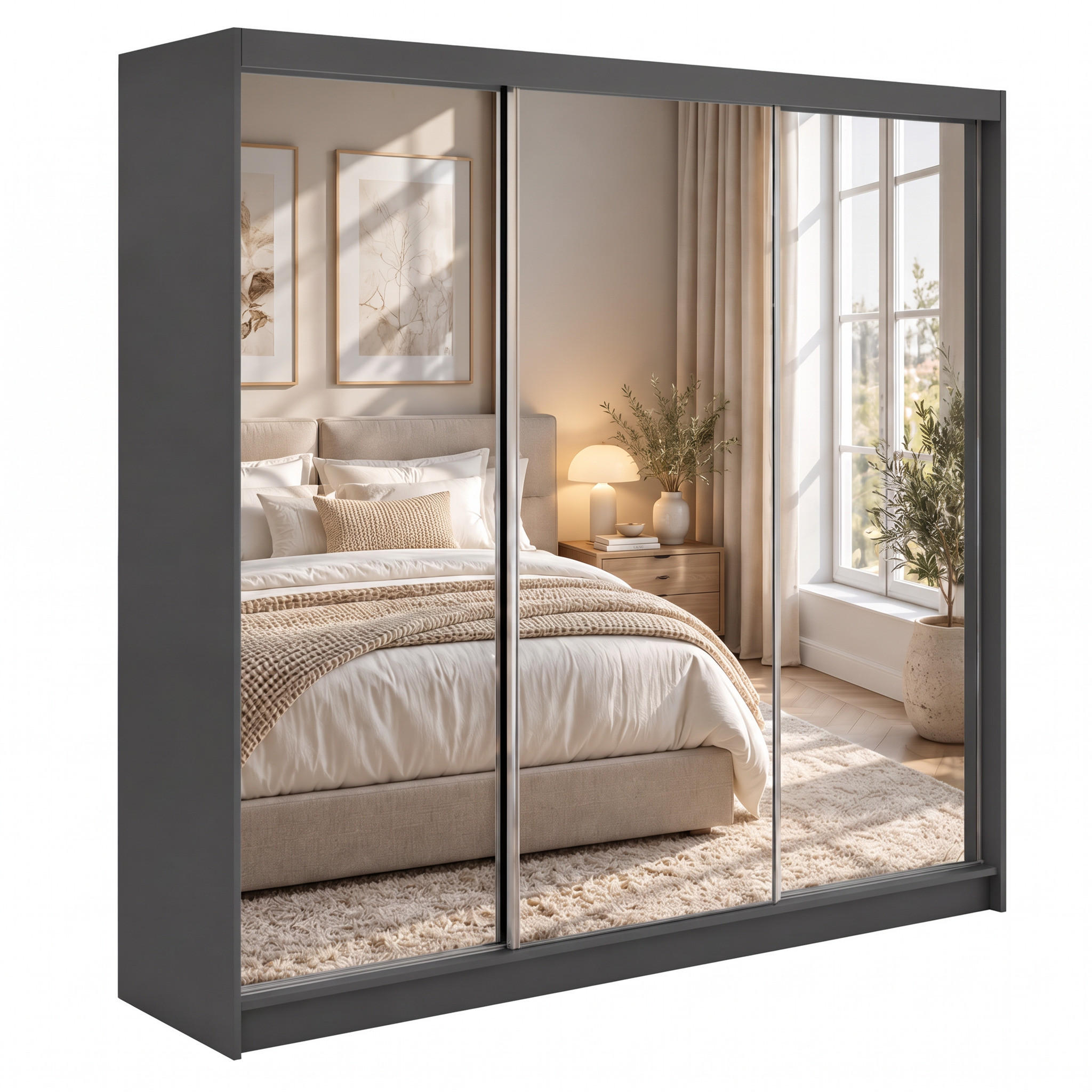 SCHWEBETÜRENSCHRANK Debra II 240/216/61 graphit mit Spiegel und Schubladen - Graphitfarben, Holzwerkstoff (240/216/61cm) - Beautysofa