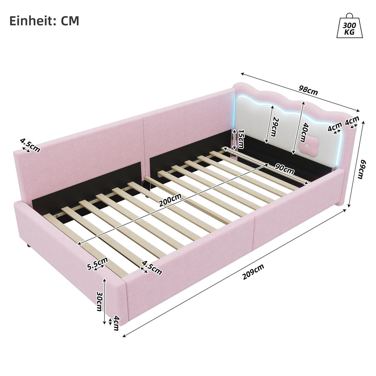 BETT 90/200 cm Rosa mit LED-Beleuchtung und Lattenrost - Rosa, Textil (90/200cm) - Flora Grace