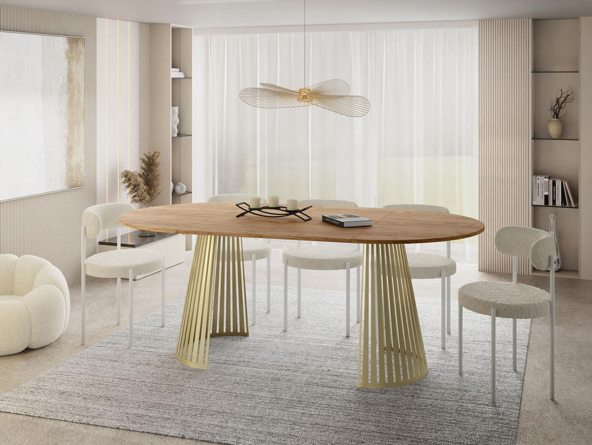 ESSTISCH Naro rund ausziehbar mit Goldenem Lamellen-Metallgestell, Braun 120-200/120/76 cm - Eiche Wotan/Goldfarben, Holzwerkstoff/Metall (120/120/76cm) - WFL GROUP