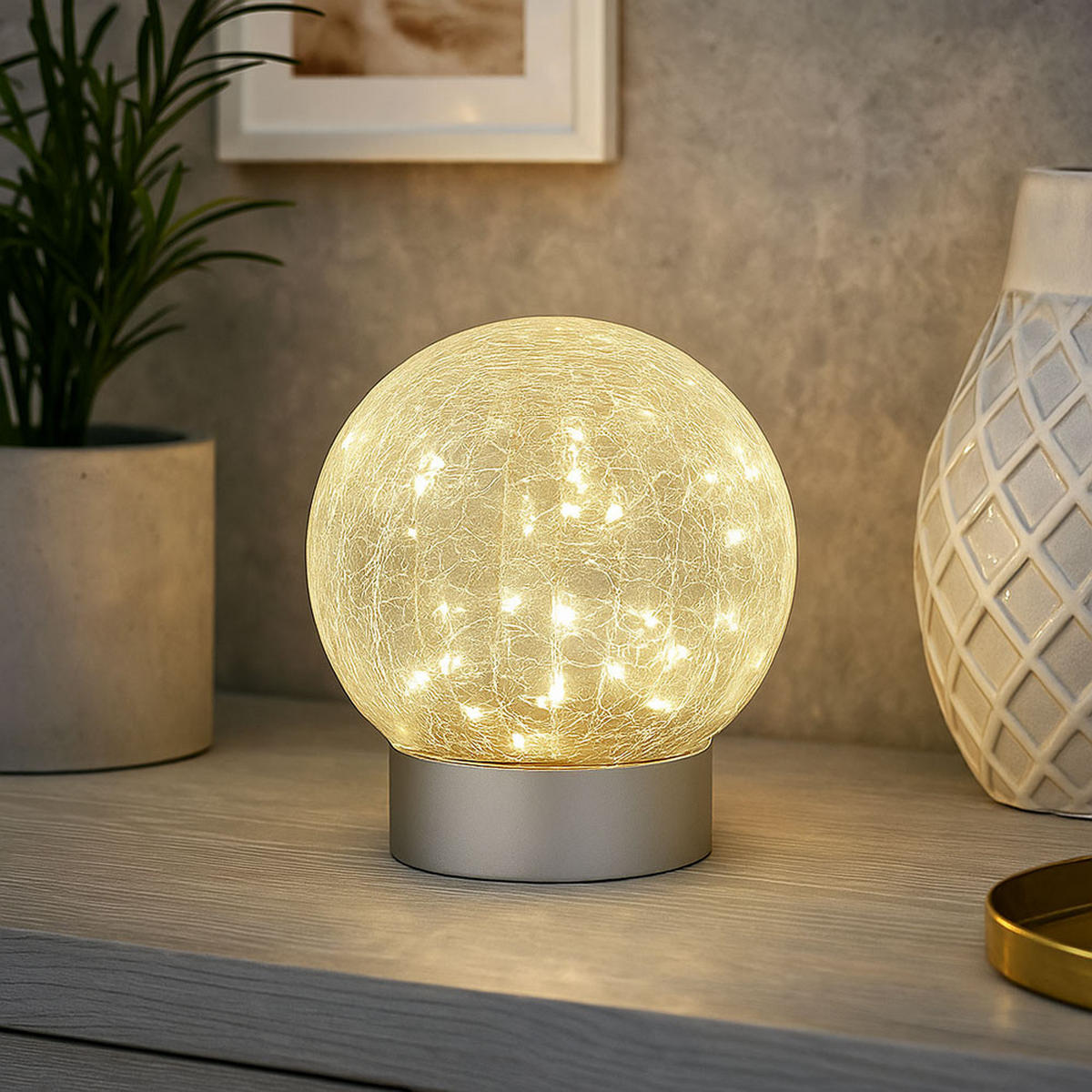 LED TISCHLEUCHTE SOONA Silber Glas Crackle - Silberfarben, Glas (12/12/13.5cm) - Globo Lighting
