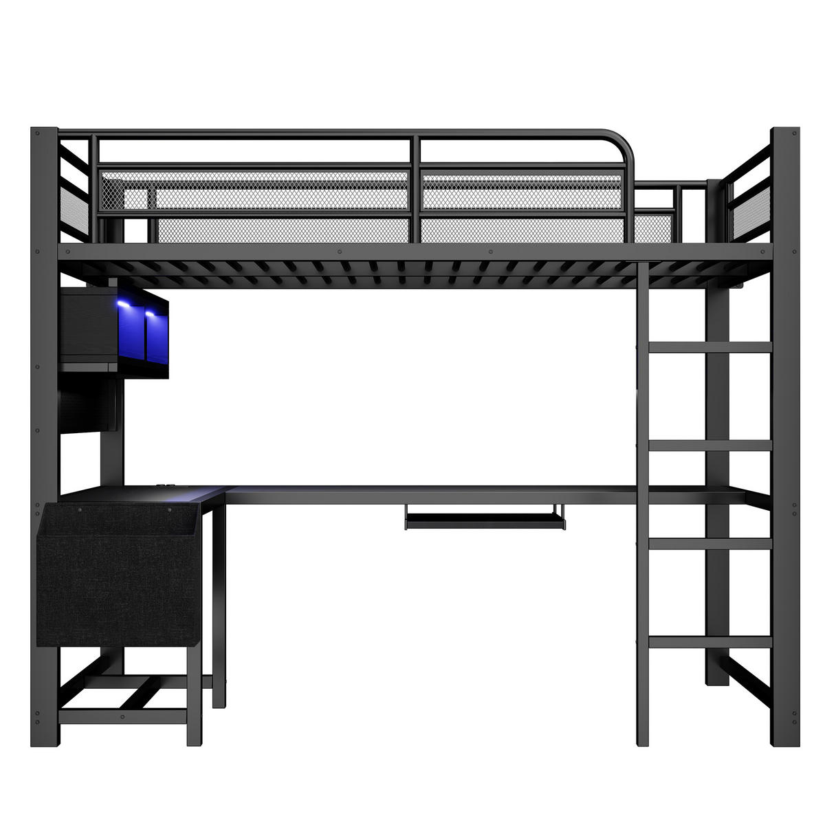 HOCHBETT 90/200 cm in Schwarz mit Schreibtisch, LED und USB - Schwarz, Holzwerkstoff/Metall (90/200cm) - CHICFURN