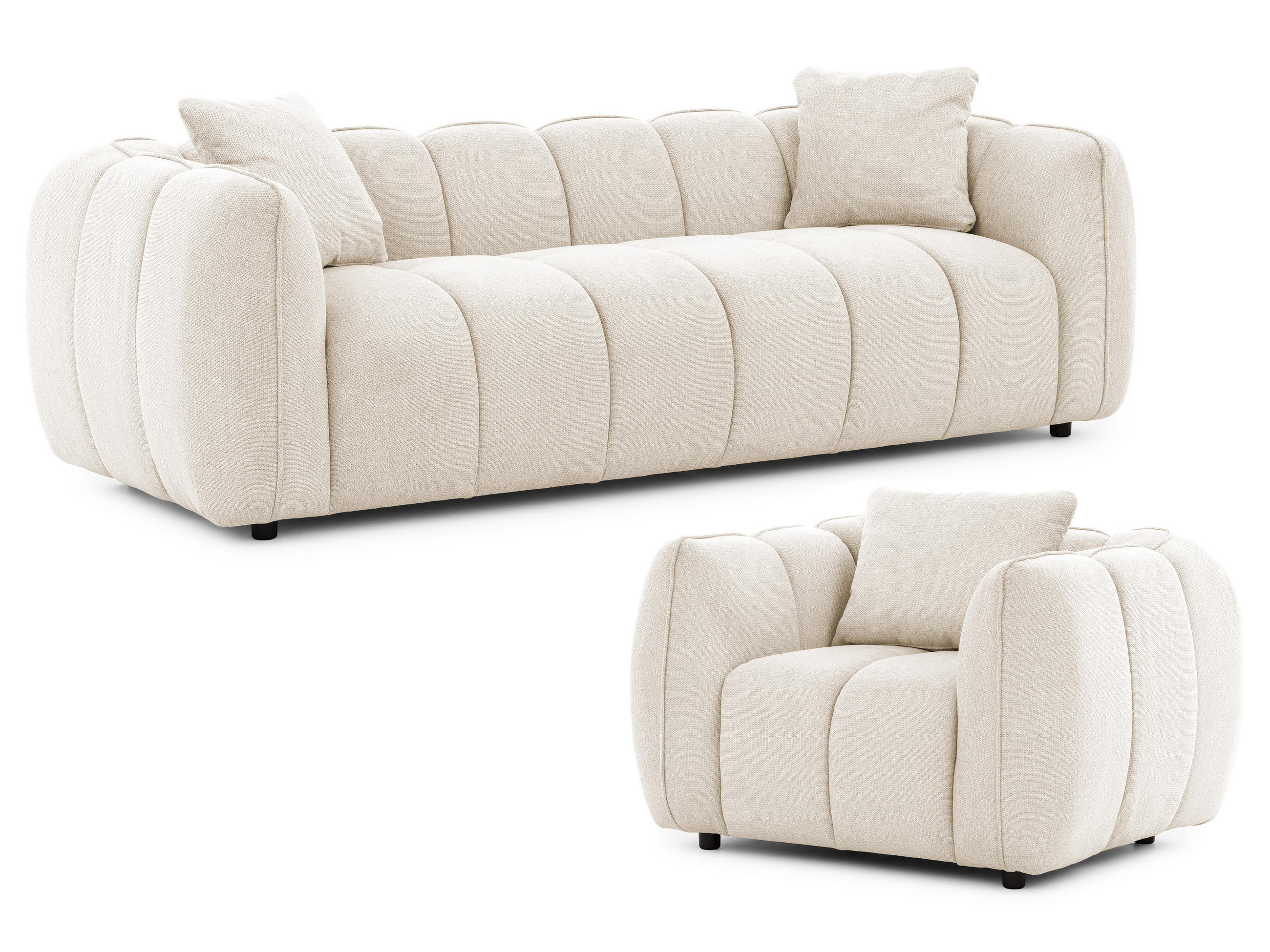 S-Style SEDACÍ SOUPRAVA 3+1 Nubira v hluboce prošívaném designu Bubble z měkké strukturované látky ve světle béžové barvě s moderním vzhledem