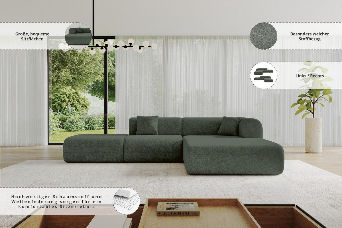 ECKSOFA Ottomane Rechts OVLY-L 289x176x71 Grün Chenille - Smaragdgrün/Schwarz, Holzwerkstoff/Kunststoff (289/176cm) - ALTDECOR