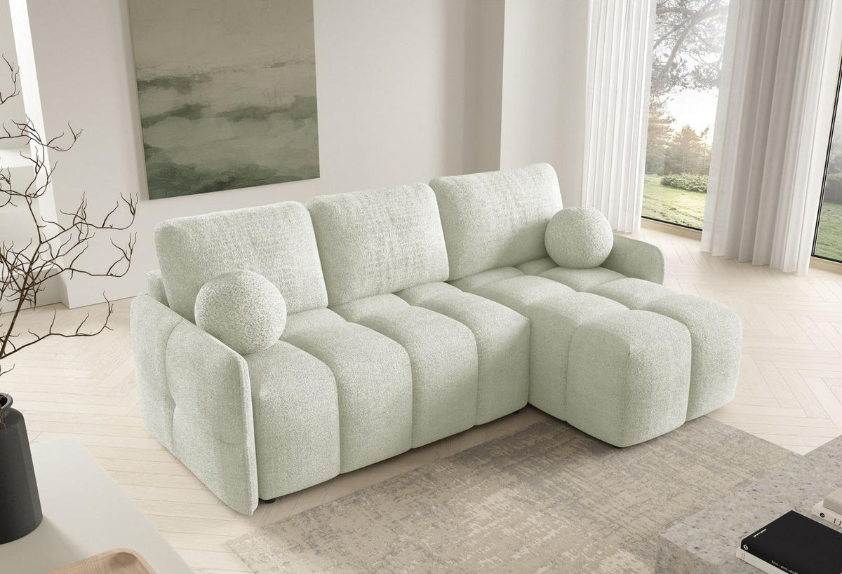 ECKSOFA MONO, Eckcouch in L-Form mit Schlaffunktion und Bettkasten, Farbe: Creme, Velourstoff, Ottomane Rechts - Creme, Textil (220/145cm) - Sepro Meble