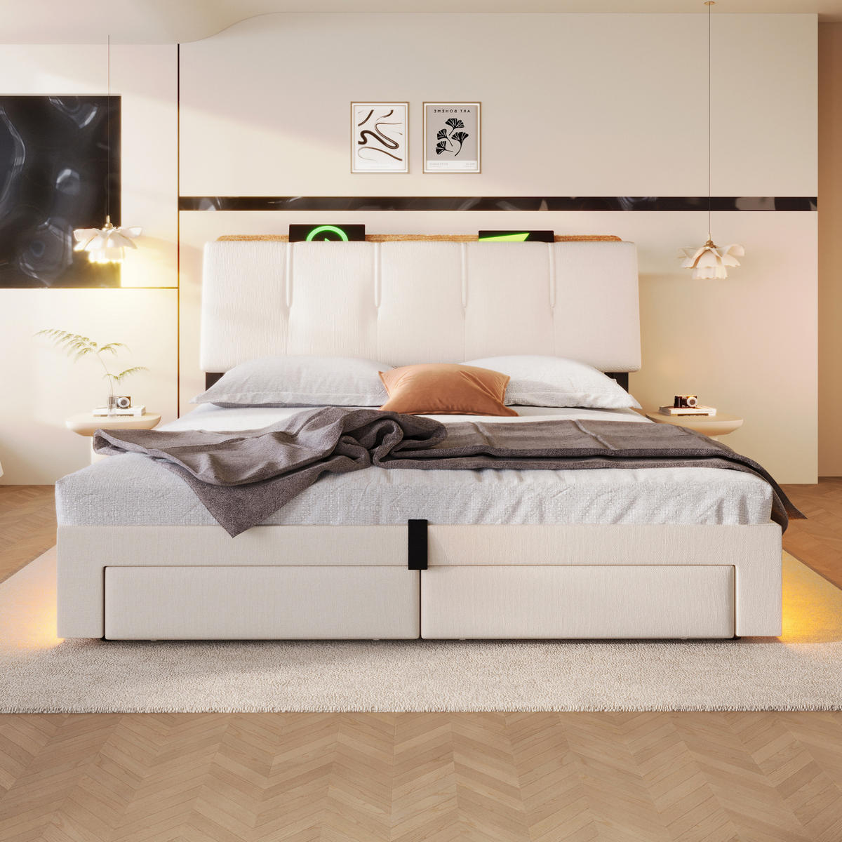 POLSTERBETT mit Stauraum & USB 140x200 cm Leinen Beige - Beige, Metall (140/200cm) - Meubliv