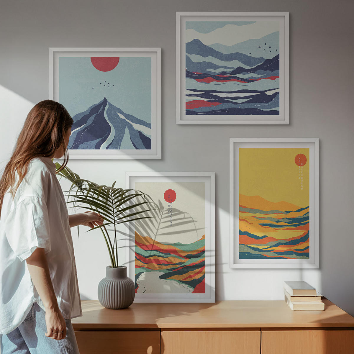 BILDER SET 4er Set - 50x50 cm & 40x60 cm Weißer Rahmen - Farbenfrohe abstrakte Flussberge - Weiß, Kunststoff (50/50cm) - TULUP