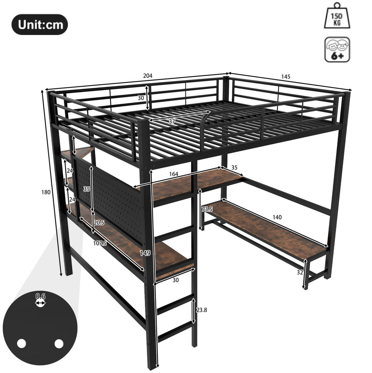 HOCHBETT 140/200 cm aus Metall/MDF mit Schreibtisch, LED-Leiste und USB-C-Anschluss Schwarz - Schwarz, Metall (140/200cm) - Modenvie