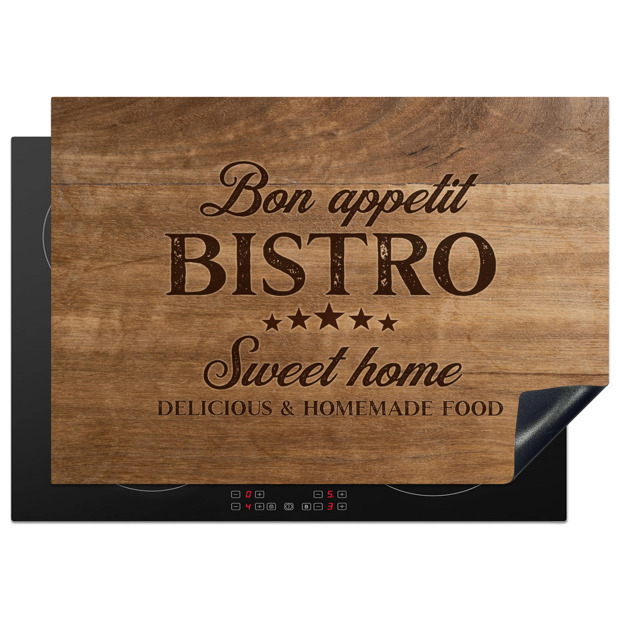HERDABDECKPLATTE Zitat - Bistro - Guten Appetit - Süßes Zuhause - Holzmaserung 75x52 cm - Braun, Kunststoff (75/0.2/52cm) - MuchoWow