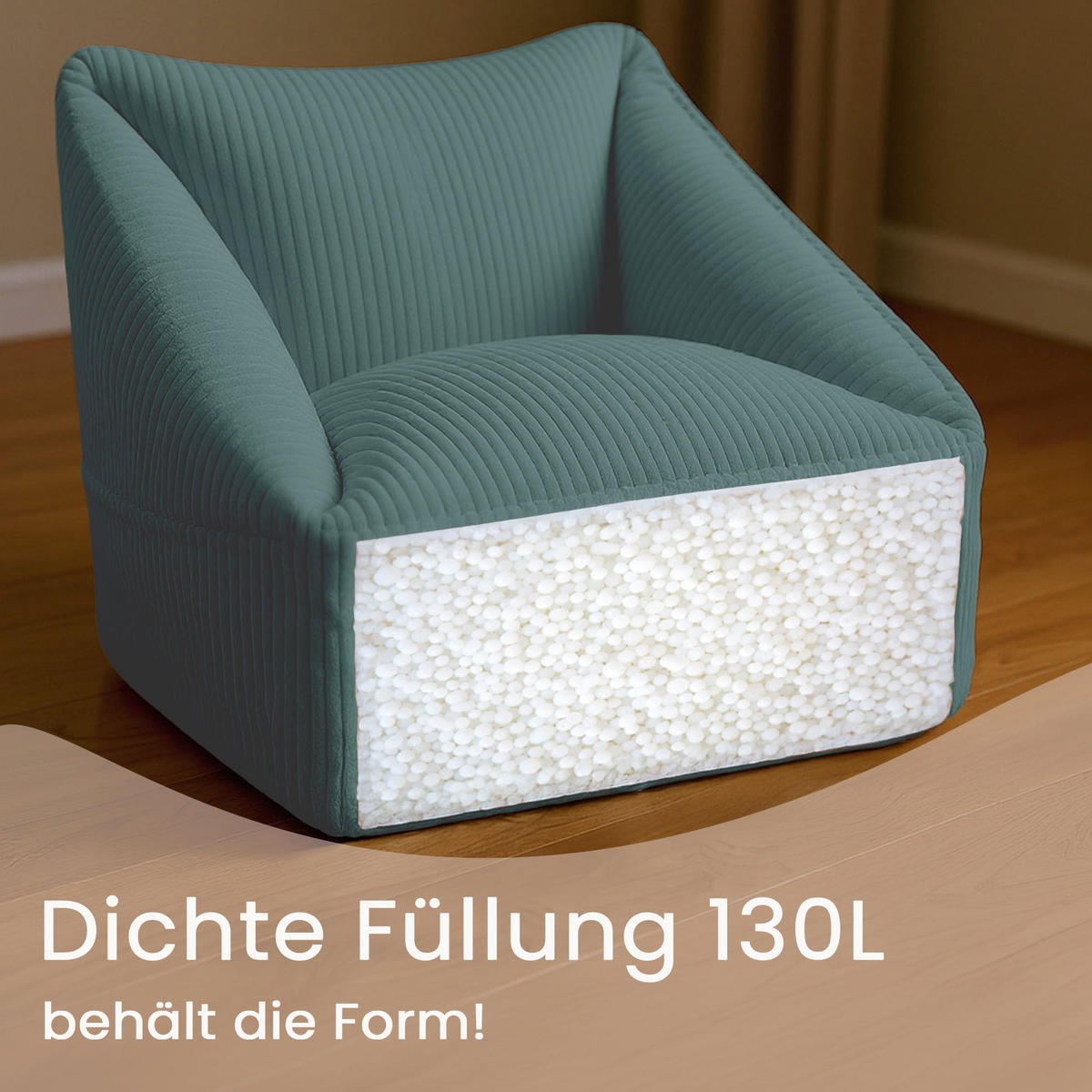 SITZSACK-SESSEL Bambino 55/60/55 cm, weicher Cord 380 g/m², mit Griff & Seitentasche, Meeresblau - Blau, Textil (55/55/60cm) - Dreamroots