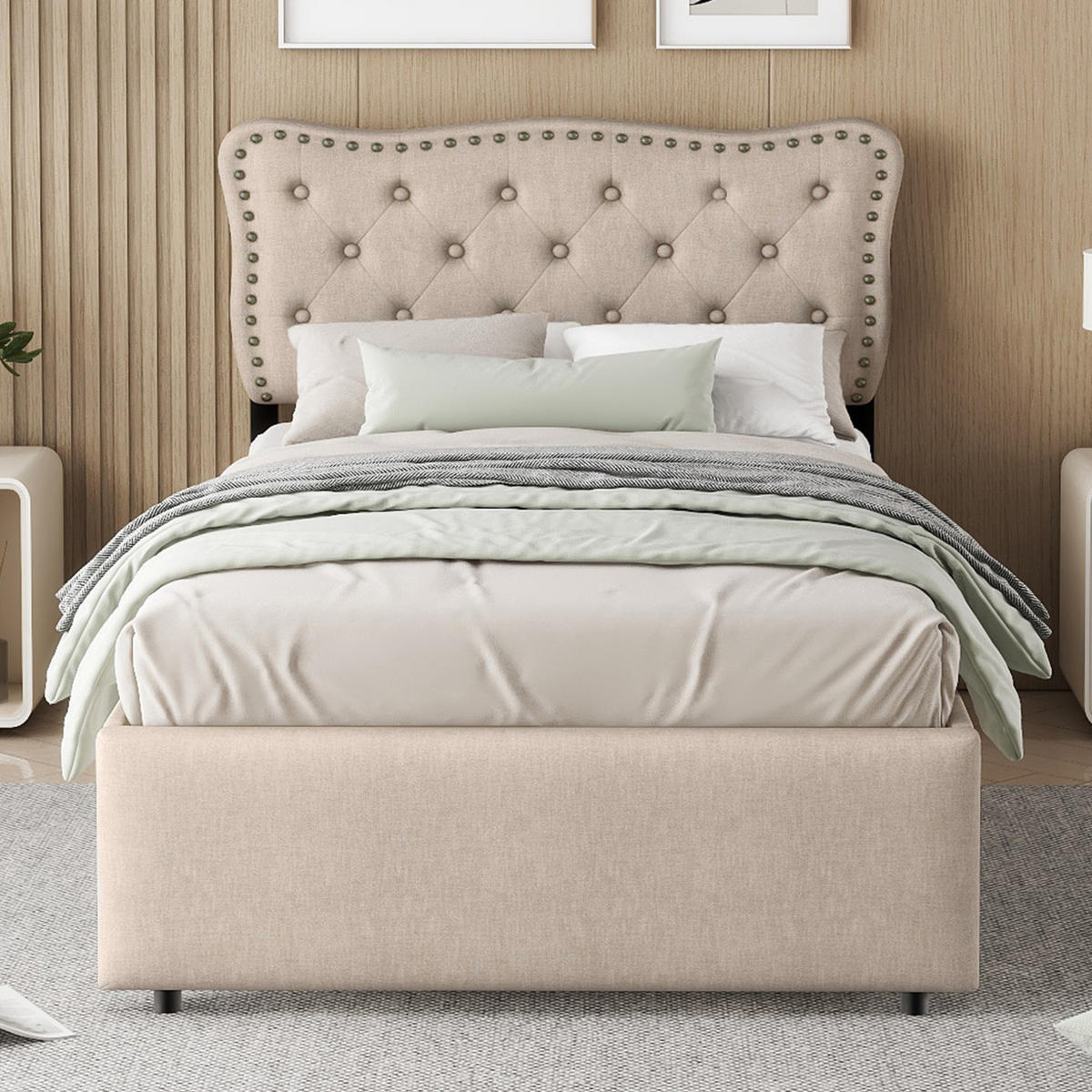 POLSTERBETT 90/200 cm mit 2 Schubladen und gepolstertem Kopfteil in Dunkelbeige - Beige, Textil (90/200cm) - BEAOK