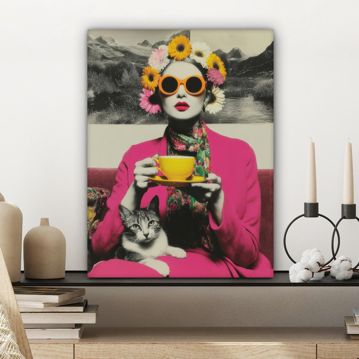 LEINWANDBILD Frau - Katze - Blumen - Tasse - Retro Room Decor 30x40 cm - Magenta, Textil (30/40cm) - MuchoWow