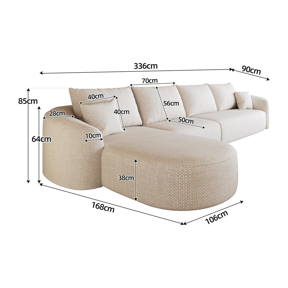 L-FÖRMIGES ECKSOFA Weiß 336/168/85 cm 5-Sitzer Modular Ohne Montage - Weiß, Textil (336/168cm) - PANGIVO