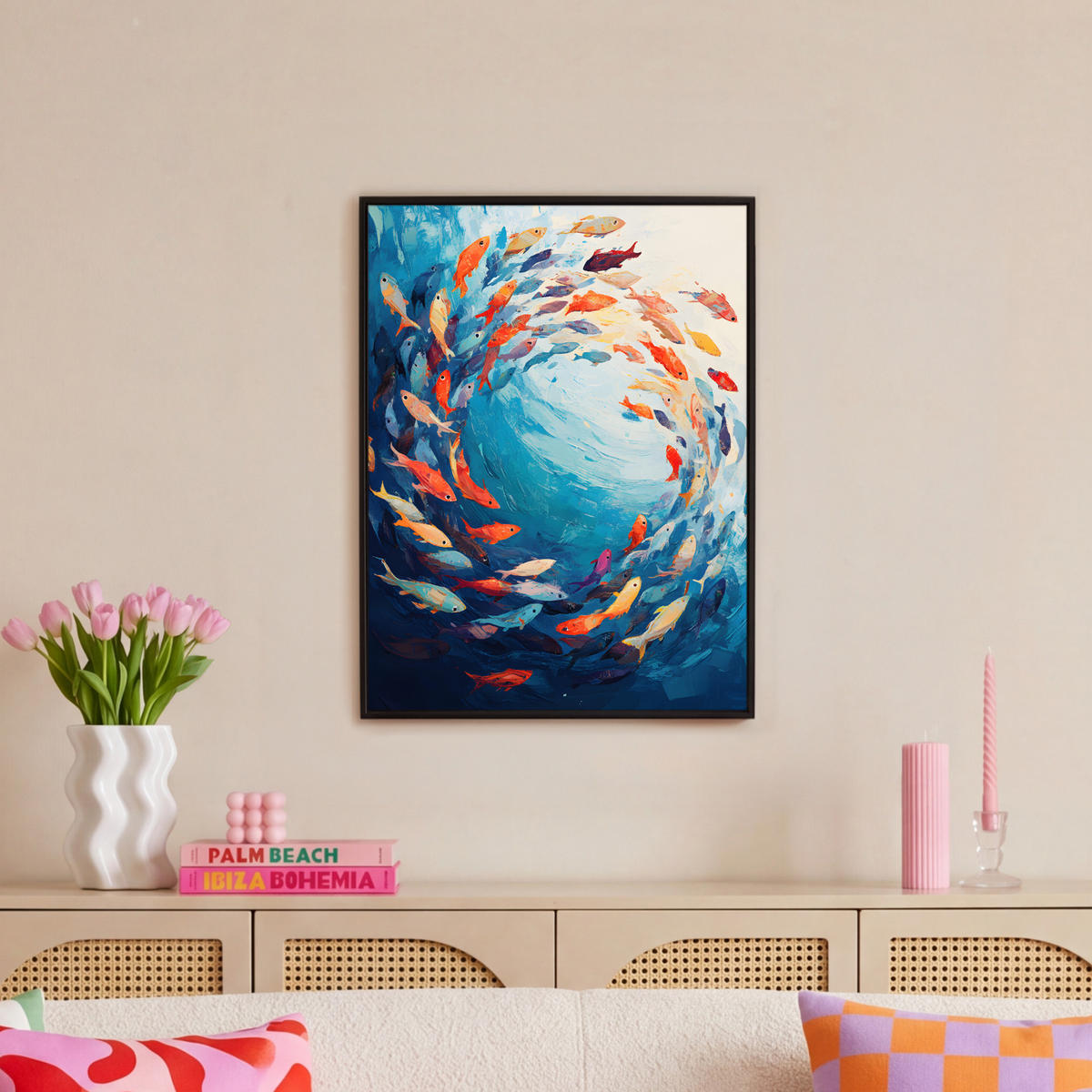 LEINWAND Bilder mit Rahmen - Meer - Fische - Bunt - Dynamisch - 50x70 - Hellblau, Textil (50/70cm) - MuchoWow