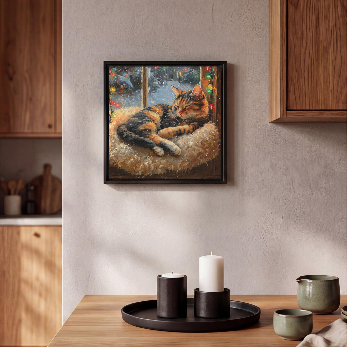 LEINWAND Bilder mit Rahmen - Katze - Weihnachten - Winter - Tier - 20x20 - Bernsteinfarben, Textil (20/20cm) - MuchoWow