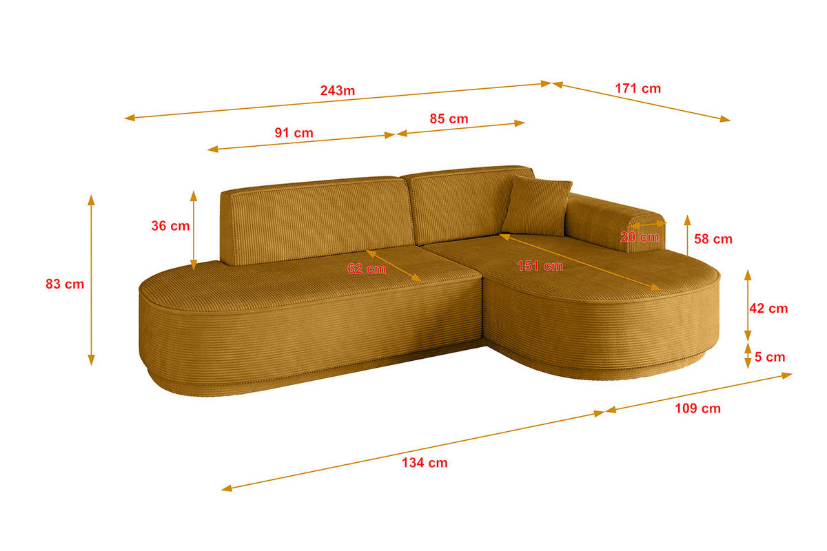 ECKSOFA Ottomane Rechts MARI-L1-v3 - 243x171x83 cm Senfgelb Cord - Gelb/Schwarz, Holzwerkstoff/Kunststoff (171/243cm) - ALTDECOR