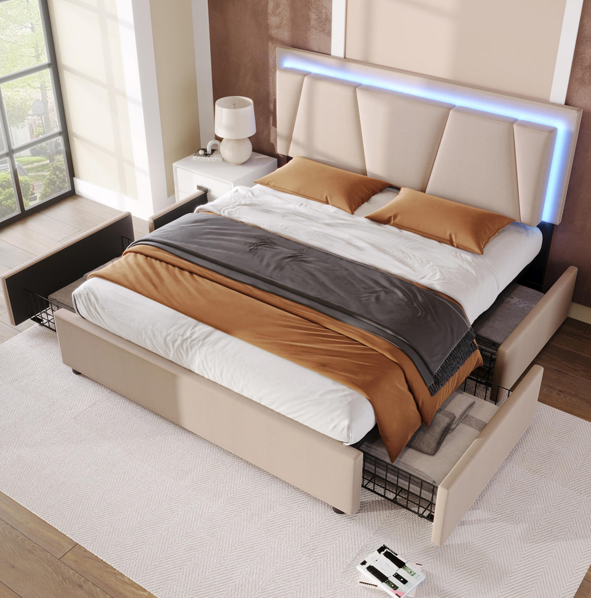 POLSTERBETT mit LED-Beleuchtung 140/200 cm mit 4 Schubladen & verstellbarem Kopfteil - Beige, Holz (140/200cm) - BEAOK