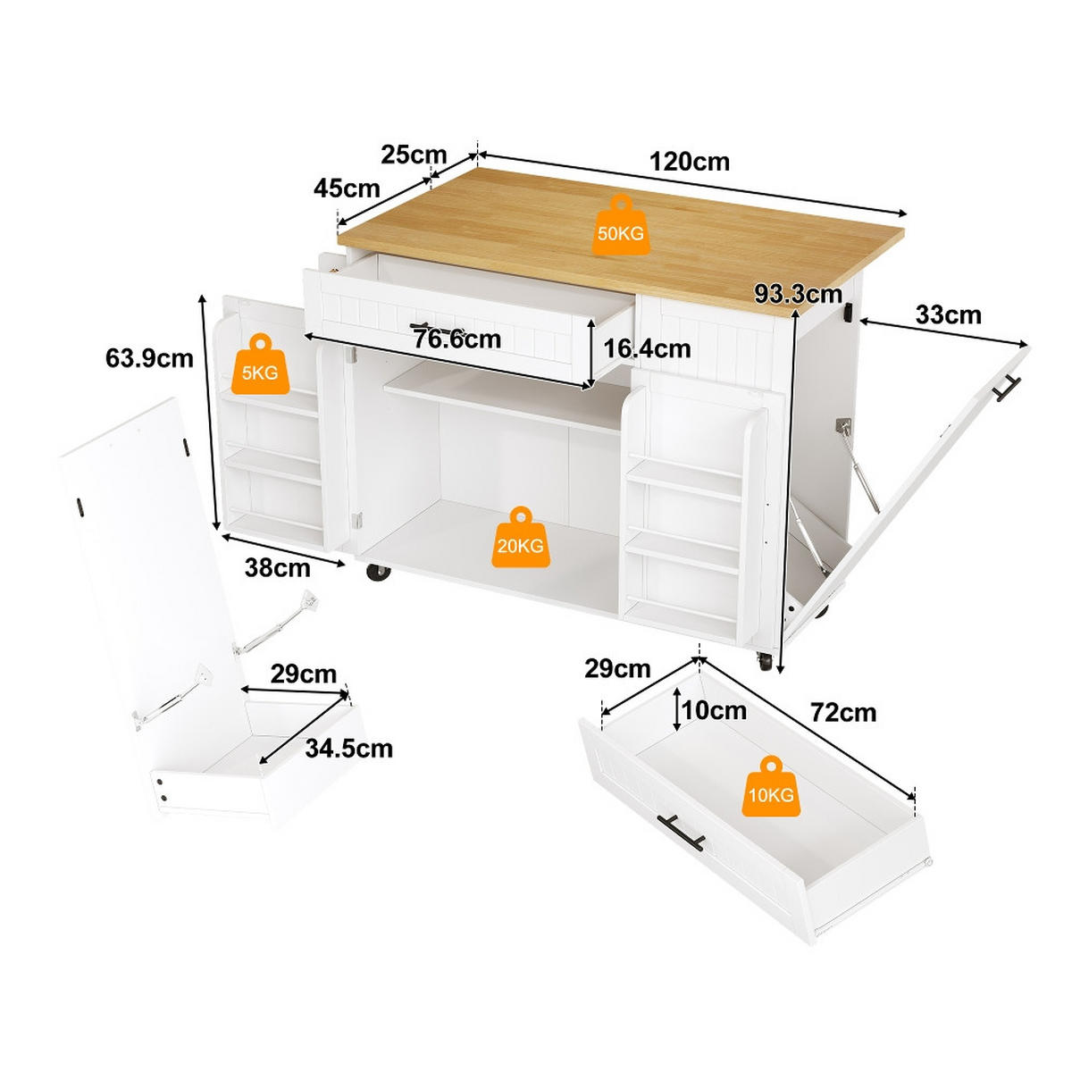 KÜCHENINSEL KLAPPBARE ARBEITSPLATTE, Mülleimerschrank, MDF, 130/70/93 cm - Weiß, Kunststoff (70/93/130cm) - Rolipo