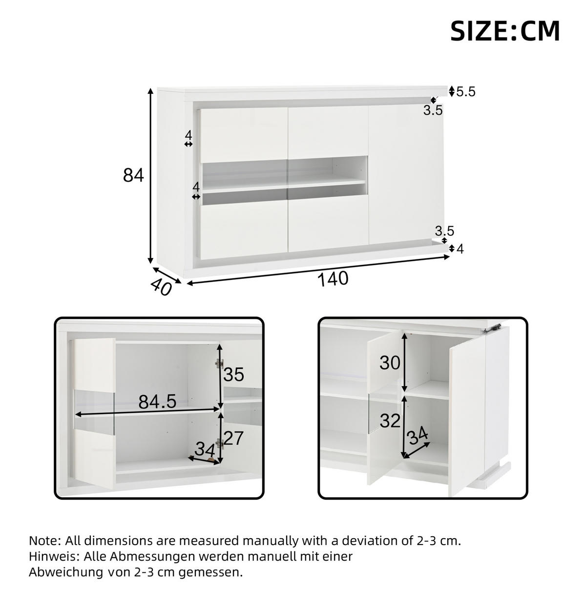 SIDEBOARD 140/40/84 cm mit 3 Türen, LED-Beleuchtung & Glastüren in Weiß - Weiß, Holzwerkstoff (140/84/40cm) - BEAOK