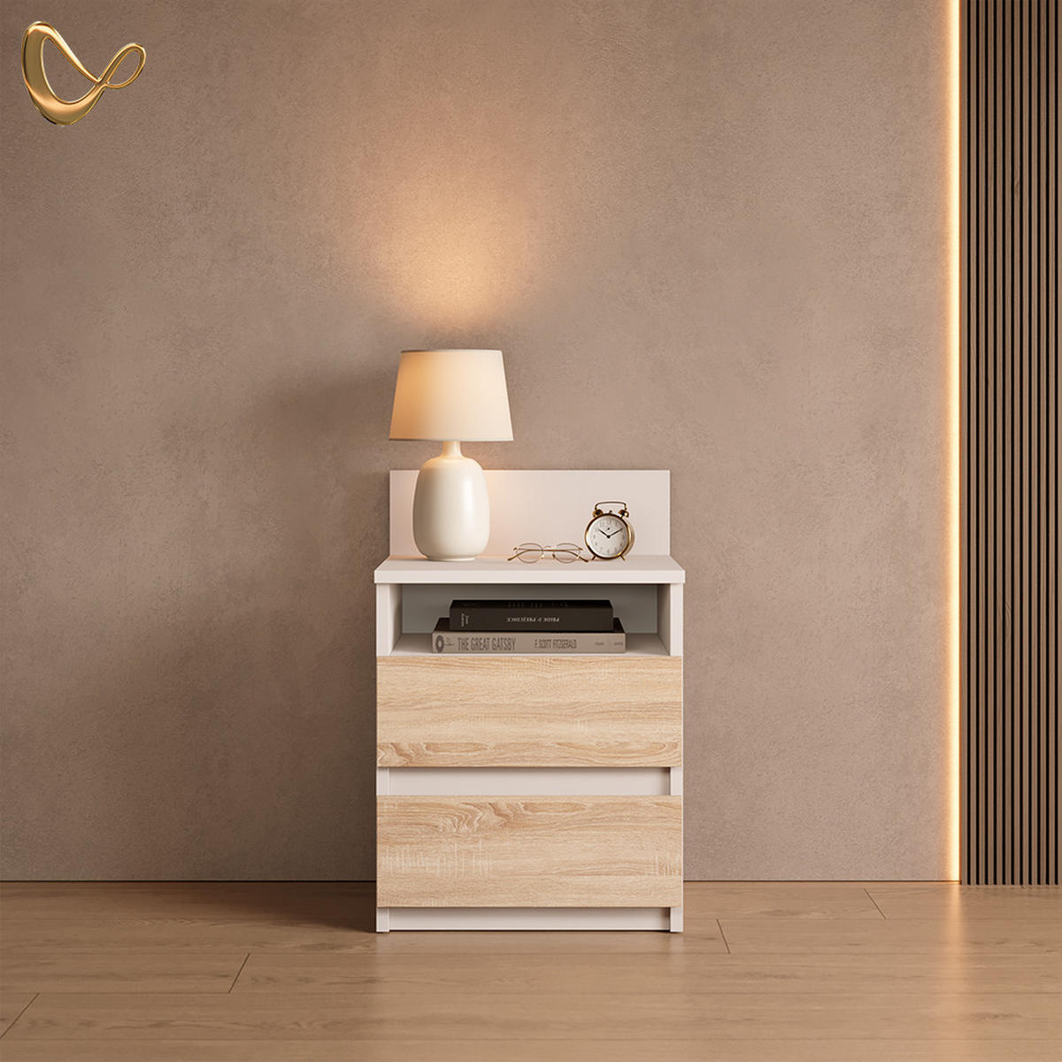 NACHTTISCH Roya, Weiß/Sonoma, 39.6 x 59.1 cm mit 2 Schubladen - Weiß/Sonoma Eiche, Holzwerkstoff (39.6/59.1/32.3cm) - Livinity®