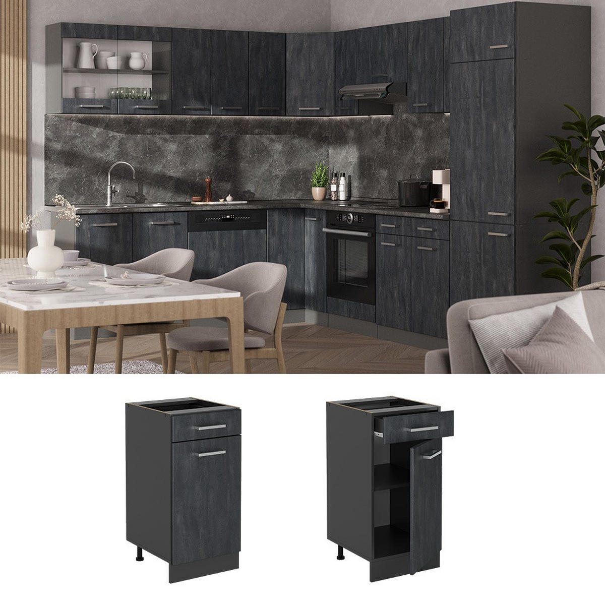 KÜCHENUNTERSCHRANK R-Line Schwarz Beton 40 cm AP Eiche - Anthrazit/Schwarz, Holzwerkstoff (40/81.6/60cm) - Vicco
