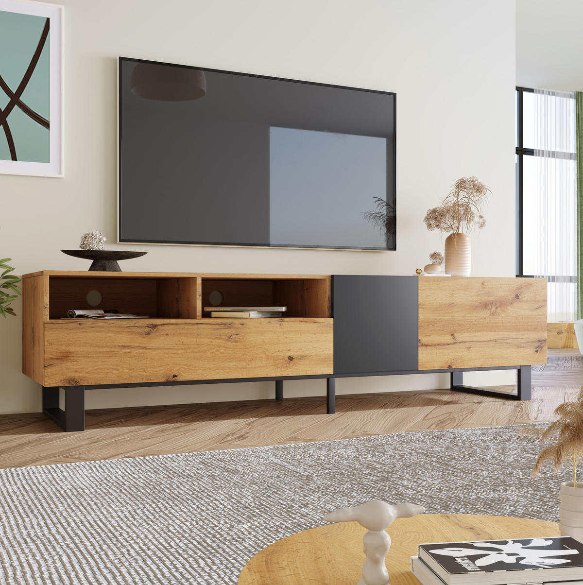 TV-SCHRANK mit 2 Schubladen 180 x 38 x 50 cm MDF Eiche Anthrazit - Schwarz, Holzwerkstoff (45.5/35/180cm) - Beauniv