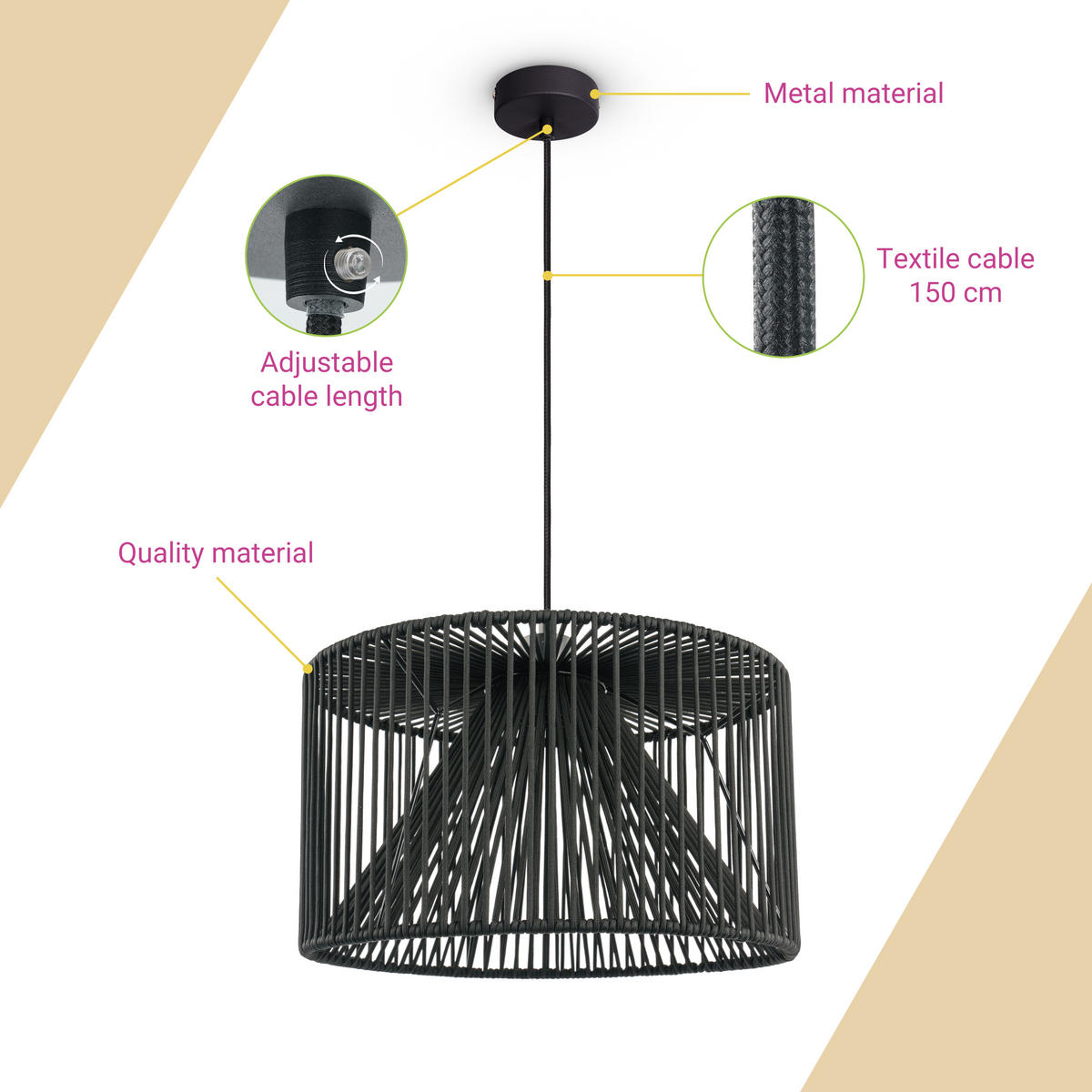 PENDELLEUCHTE Hugo Pd1 Mirijana - Schwarz, Metall (38/38/28cm) - Paco Home