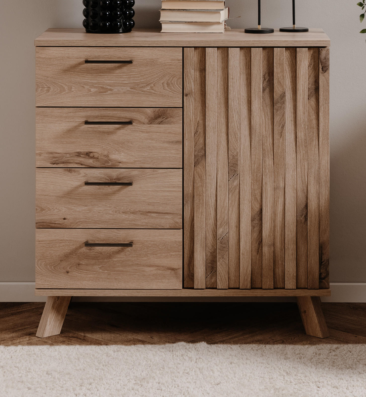 KOMMODE Eiche 84 cm, Anrichte mit 3D-Relief und Push-to-Open - Eichefarben/Messingfarben, Holzwerkstoff/Metall (84/85/40cm) - Furn.Design