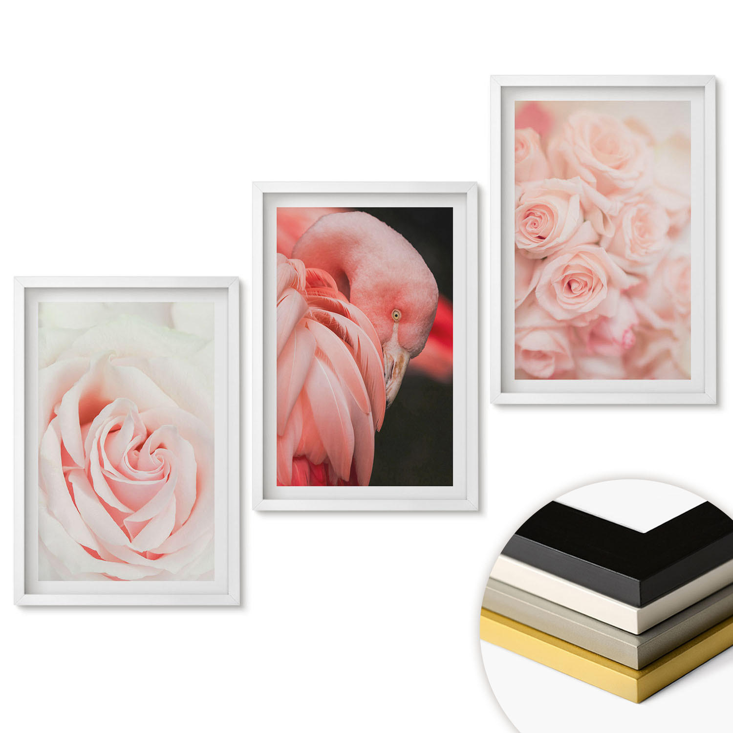 WANDBILDER 3er-Set - 40x60 cm Weißer Rahmen - Zartrosa Flamingos - Weiß, Kunststoff (40/60cm) - ArtPrintCave