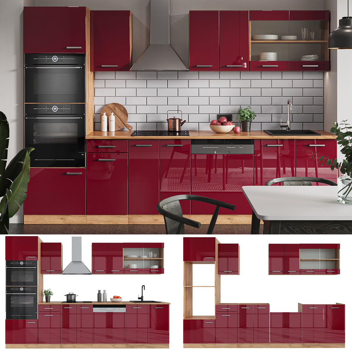 KÜCHENZEILE R-Line Rot Hochglanz/Goldkraft Eiche 300 cm mit Hochschrank, ohne Arbeitsplatte - Honigeiche/Rot, Holzwerkstoff (300/81.6/46cm) - Vicco