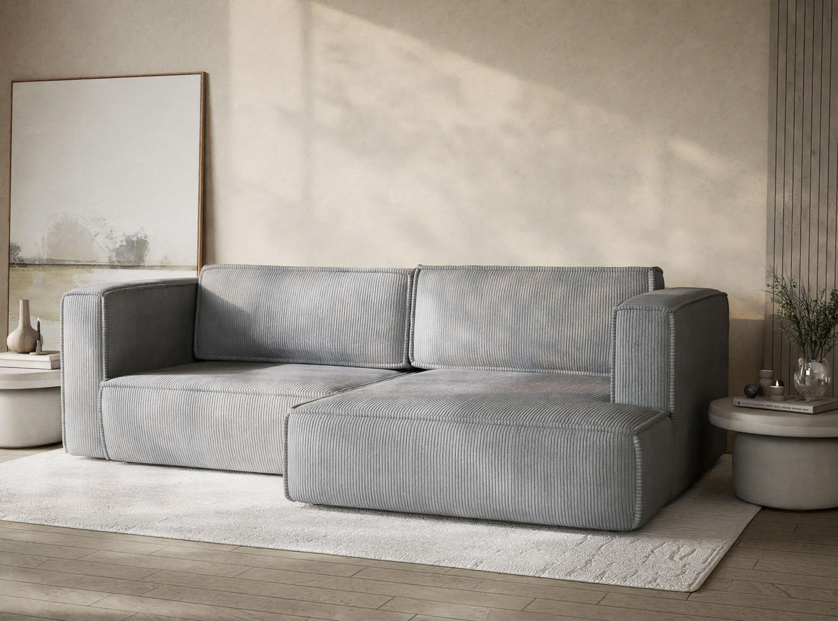 ECKSOFA MIT SCHLAFFUNKTION Velto Hellgrau Samtstoff - Hellgrau/Schwarz, Holz/Holzwerkstoff (250/152cm) - Maison de Reve