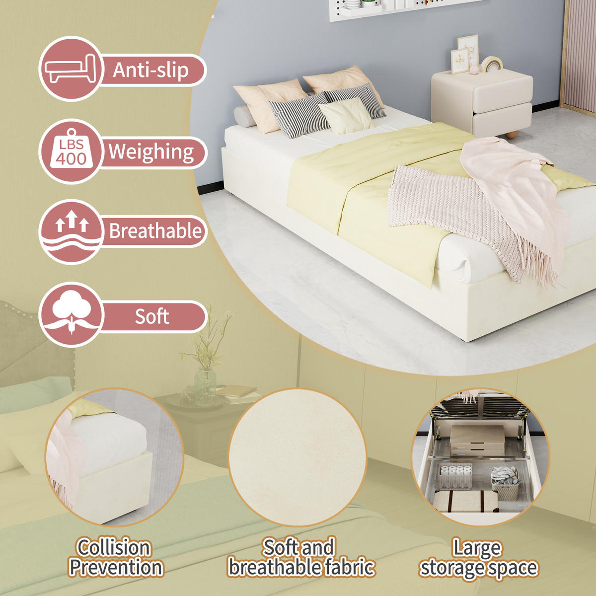 POLSTERBETT 90/200 cm in Beige mit Bettkasten, gepolstertem Kopfteil, Stoff und Metall - Beige, Holzwerkstoff/Textil (90/200cm) - STILVORA