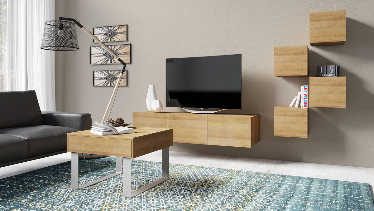 COUCHTISCH Bird Goldene Eiche, mit Schublade - Eichefarben/Silberfarben, Holzwerkstoff (63/63/45cm) - Bettso