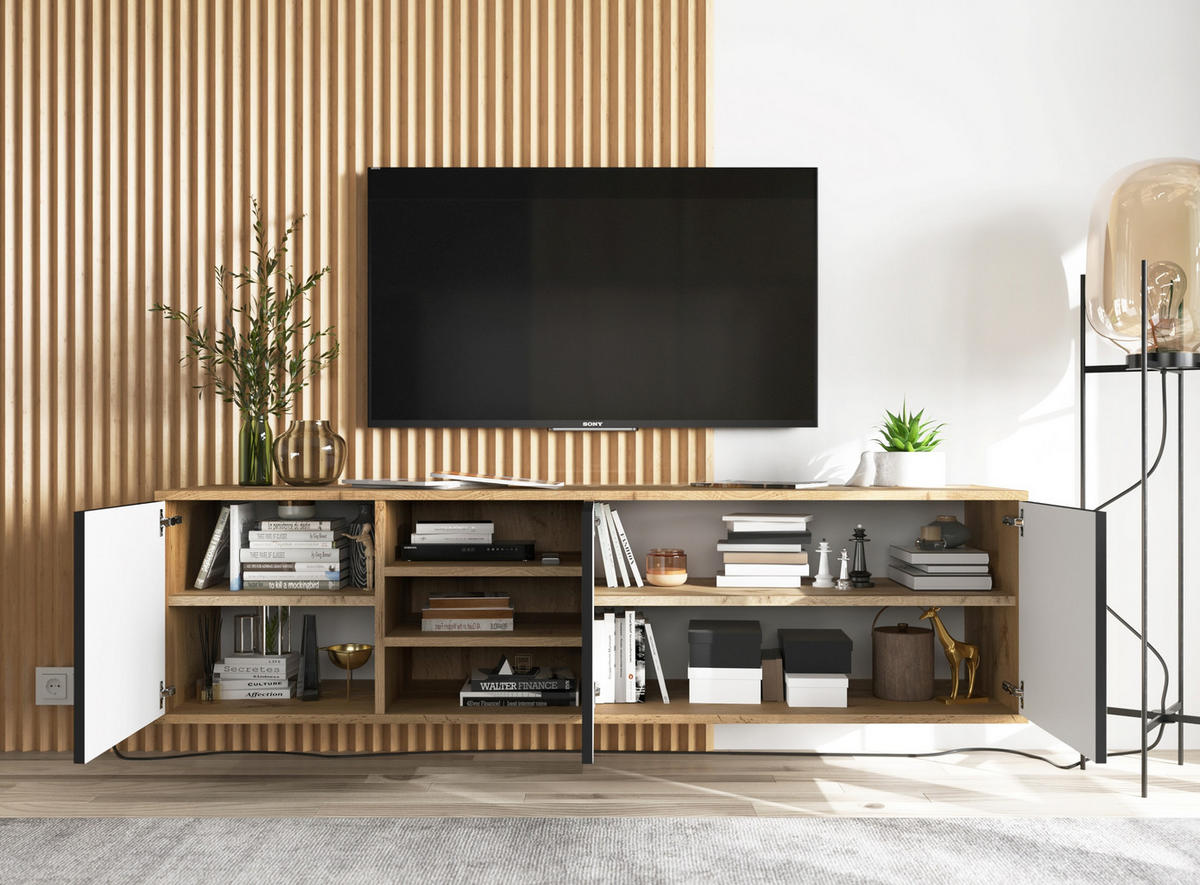 TV-LOWBOARD Apollo Eiche wotan Schwarz Matt 150 cm - Schwarz, Holzwerkstoff (150/39/35cm) - Meble Lindner