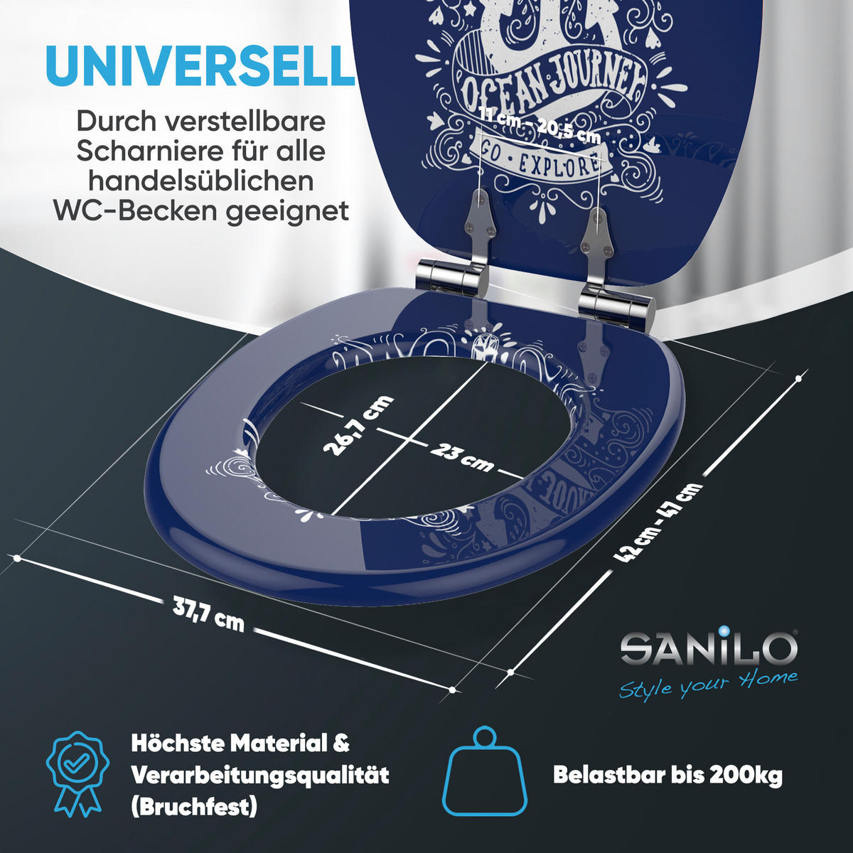 WC-SITZ mit Absenkautomatik Anker - Blau, Holzwerkstoff (38/6/47cm) - Sanilo