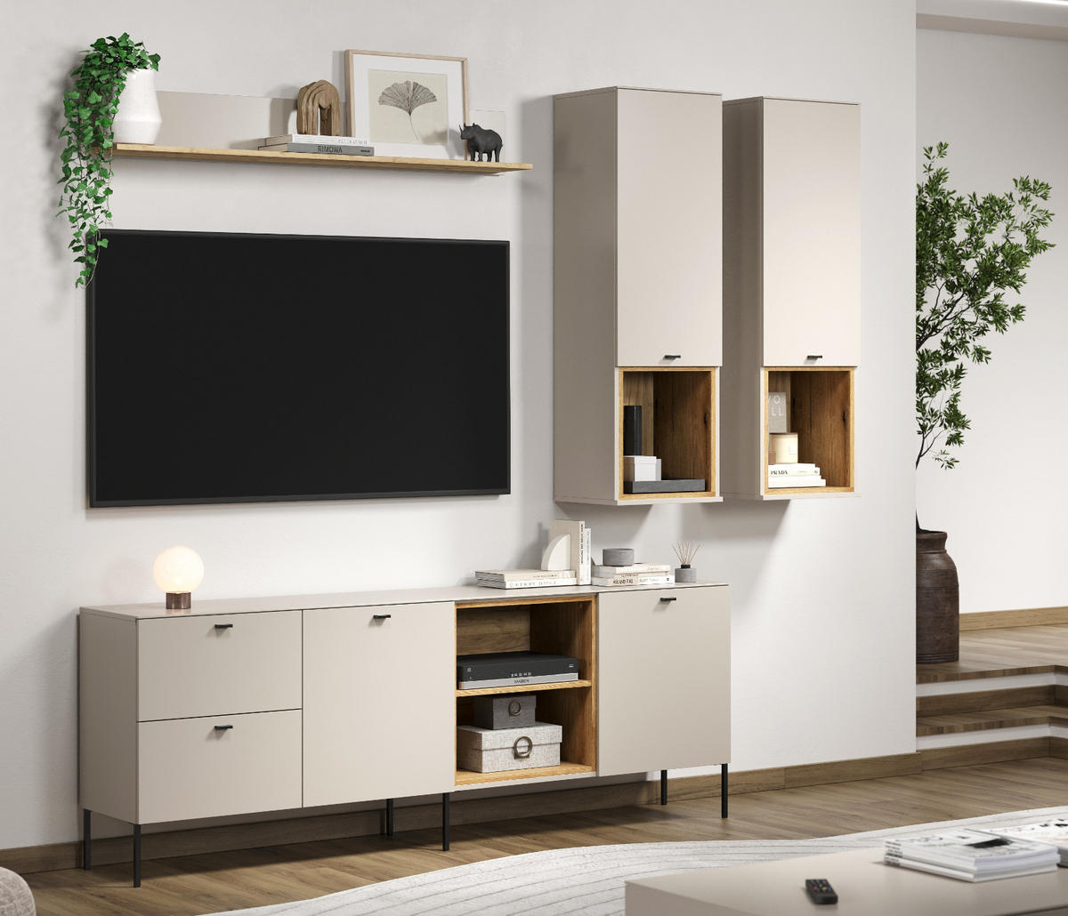 WOHNWAND Kaschmir, Eiche 4-teilig 250 cm, Schrankwand mit Soft-Close - Sandfarben/Kaschmir, Holzwerkstoff/Metall (140/20/22cm) - Top.Furn