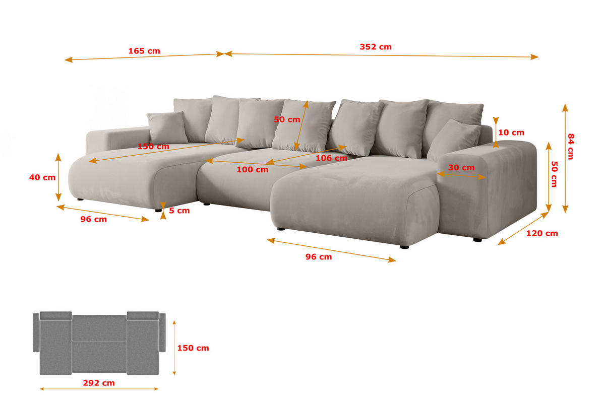 WOHNLANDSCHAFT mit Schlaffunktion und Bettkasten ESKAR-U -352x165x84cm Hellbraun Velours - Hellbraun/Schwarz, Holzwerkstoff/Kunststoff (352/84/165cm) - ALTDECOR