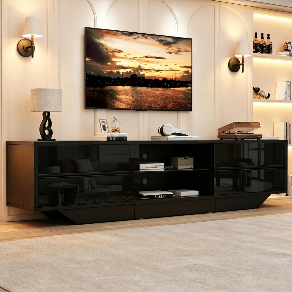 TV-LOWBOARD 160x35x44.5cm Schwarz mit LED und 2 Türen - Schwarz, Holzwerkstoff (160/44.5/35cm) - FLIEKS