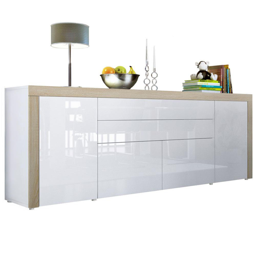 Vladon Sideboard Weiß Hochglanz, Sand 200x72x35 cm