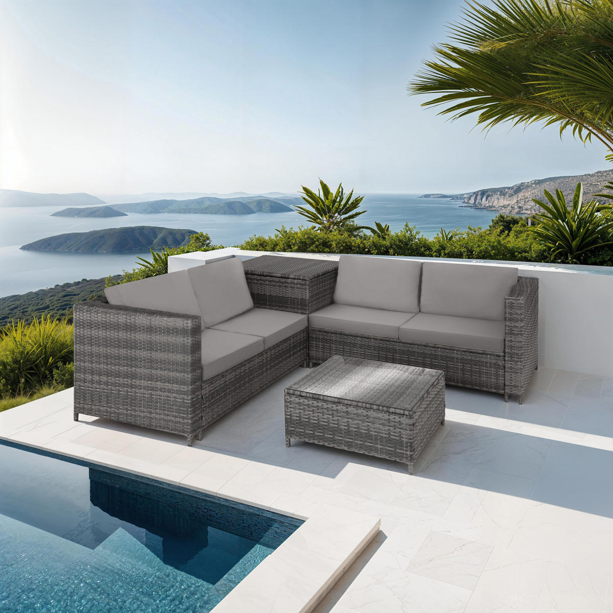 RATTANLOUNGE Siena,mit Sicherheitsglasplatte,grau/hellgrau - Grau, Kunststoff - tectake