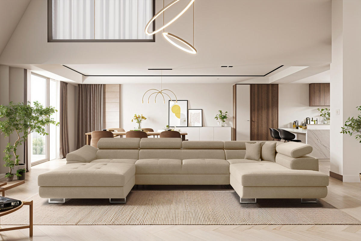 ECKSOFA Falio II U-förmiges Mit Schlaffunktion Und Verstellbaren Kopfstützen Hellbeige Rechts - Creme, Holz/Textil (345/202cm) - Kaiser Möbel