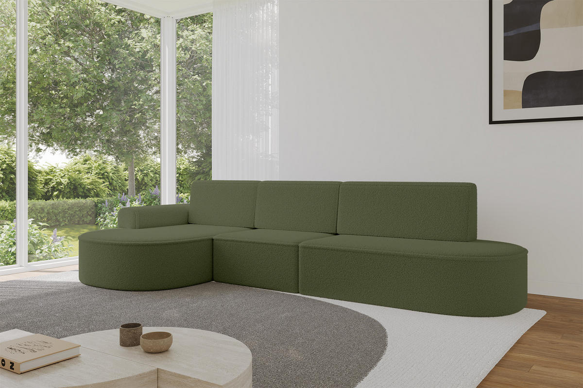 ECKSOFA mit Schlaffunktion Ottomane Links MARI L2-S 368X167X85 Grün Bouclé - Schwarz/Grün, Holzwerkstoff/Kunststoff (368/167cm) - ALTDECOR